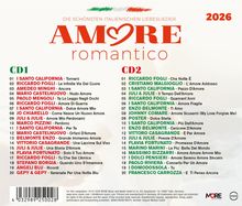 "Die schönsten italienischen Liebeslieder: AMORE romantico 2026" mit Titellisten für CD1 und CD2, gestaltet mit Herzmotiv.