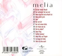 Text: "melia, 01 Da war immer Musik, 02 Der schönste Teil von mir, ... 14 Hörst du das auch." Hintergrund in Rosatönen mit Herzformen.