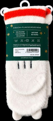 Etikett: "Couch-Flauschsocken", Materialien und Pflegehinweise. Flauschige weiße Socken mit rotem Rand und Ohren.