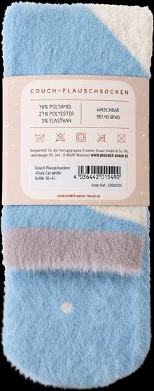 Couch-Flauschsocken, 70% Polyamid, 27% Polyester, 3% Elasthan, waschbar bei 40 Grad. Flauschige, blaue und weiße Socken.