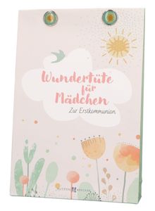 "Wundertüte für Mädchen. Zur Erstkommunion." Blumen, Sonne und Punkte in Pastellfarben.