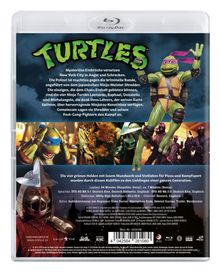 „Turtles“ oben in großem grünen Text. Beschreibung von Ninja-Turtles-Abenteuern in New York. Illustration: Turtles-Charaktere.