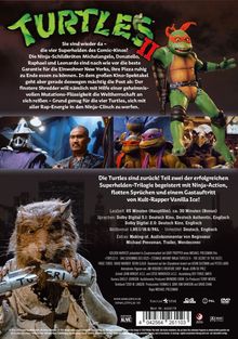 "Turtles II" und Details zu Handlung und Features. Oben grüne Schildkröte mit rotem Stirnband, darunter Rattenfigur.