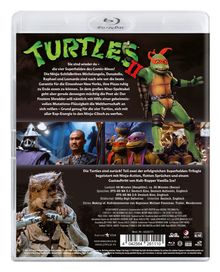 Text: "TURTLES II", "Sie sind wieder da – die vier Superhelden des Comic-Kinos!", "Die Turtles sind zurück!" Illustration: Ninja-Schildkröte.
