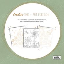 „Creative Time – Zeit für dich! Ein Goldfolien-Malblock mit 24 Motiven.“ Drei Malblätter mit Naturmotiven.