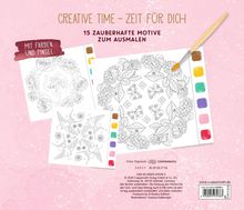 "CREATIVE TIME – ZEIT FÜR DICH" zeigt Ausmalbilder mit Blumen und Schmetterlingen, daneben ein Pinsel und Farbpalette.