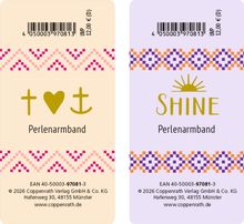 Links: "Perlenarmband" mit Kreuz, Herz, Anker. Rechts: "SHINE" mit Sonne. Beide Karten mit Mustern verziert.