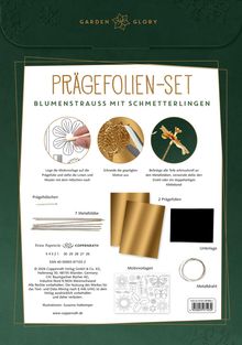 "Prägefolien-Set: Blumenstrauß mit Schmetterlingen. Enthält Prägehölzchen, 7 Metallstäbe, 2 Prägefolien, Unterlage."