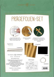 Prägefolien-Set: Anleitung zur Nutzung von Prägefolie, mit Motivvorlage, Werkzeugen und Dekorationsmaterialien.