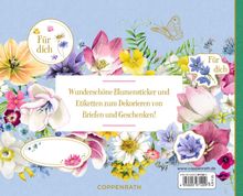 "Wunderschöne Blumensticker und Etiketten zum Dekorieren" steht in der Mitte. Bunte Blumen umrahmen Text auf blauem Hintergrund.