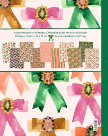 Geschenkpapier in 10 Designs, 10 Bogen, 50 x 70 cm, Geschenkanhänger. Verschiedene bunte Schleifen und Muster.