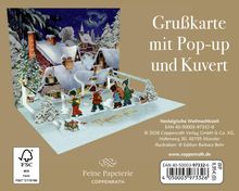 Aufschrift: "Grußkarte mit Pop-up und Kuvert". Eine weihnachtliche Szene mit Kindern vor schneebedeckten Hütten.