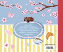 Text in einem blauen Oval: "Über 100 selbstklebende Etiketten und Motivsticker …" Illustration: Blüten, Schmetterling, Katze.
