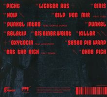 Titel in roter Schrift auf dunklem Hintergrund: "01 DICHT", "02 LICHTER AUS", "03 EINIS", "04 HOW", "05 BILD VON MIR".