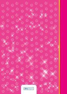 "Blue Ocean" Logo unten, magenta Hintergrund mit glitzernden Hufeisenmustern. Rechte Seite mit gelbem Streifen.