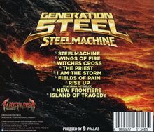 "GENERATION STEEL STEELMACHINE" mit Titelliste in goldener Schrift; Hintergrund zeigt eine feurige, vulkanartige Landschaft.