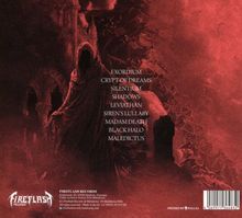 "EXORDIUM, CRYPT OF DREAMS, SILENTIUM, SHADOWS, LEVIATHAN, SIREN’S LULLABY, MADAM DEATH, BLACK HALO, MALEDICTUS."   
Ein düsterer, verhüllter, kapuzenbekleideter Charakter in einer roten, finsteren Umgebung. Links unten ein Logo.