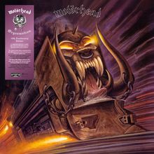 Logo "Motörhead", Illustration: ein Zug mit monsterartigem Gesicht, leuchtende Augen und Zähne, umgeben von Flammen.