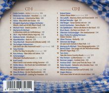 CD 1 und CD 2: Liste von Musiktiteln, Künstlernamen und Laufzeiten. Links blau-weiß kariertes Muster, unten Barcodes.