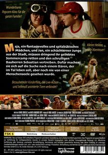 „Wunderbares Popcorn-Kino für die ganze Familie“, „Kleine Helden, große Abenteuer!“, „Maja…“, „Bezaubernder Kinderfilm…“.   
Oberhalb Bilder von zwei Kindern, eines mit Brille und Mütze, und unten eine Erdmaus.