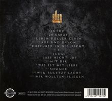 Trackliste: Intro, 24 Karat, Leben voller Leben, Auf und davon, Kopfüber in die Nacht, Judas, Lass nicht los, Mit dir, Was ist mit Liebe, Sommer, Wer zuletzt lacht, Wir wollten fliegen. Logo oben, metallisches Design.