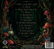Eine Trackliste von 1 bis 12 ist zentriert. Links und rechts sind Illustrationen von Pilzen, Flaschen und Blättern.