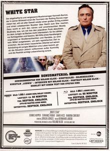 Text: "WHITE STAR" beschreibt die Geschichte eines Musikmanagers, der Erfolg um jeden Preis sucht. Bonusmaterial: Audiokommentar. Ein Mann im Trenchcoat steht rechts neben drei kleineren Bildern einer Band.