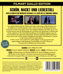 FILMART GIALLO EDITION

SCHÖN, NACKT UND LIEBESTOLL

RIVELAZIONI DI UN MANIACO SESSUALE AL CAPO DELLA SQUADRA MOBILE

DEUTSCHE BLU-RAY PREMIERE!

Bildformat: 1,85:1 (1080p FULL HD)

Tonformat: Deutsch, Englisch, Italienisch  Untertitel: Deutsch  Laufzeit: 110 Minuten (uncut)

Extras: Audiokommentar von Christian Keßler & Dr. Marcus Stiglegger, Featurette "Revelations of a Jazz Maniac", animierter, französischer Fotoroman, Bildergalerie, italienische Fassung des Films mit erweiterten Sexszenen, Wendecover ohne FSK-Logo.

Ein eisaklter Mörder geht um. Wieder und wieder sterben junge willige Ehefrauen aus der High Society eines bestialischen Todes [...] 

Bild: Zwei Szenen aus einem Film, eine mit einer Person und eine mit zwei Personen im Freien.  

Vertrieben von FilmArt.

Barcode: 4250578596221