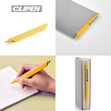 „CLIPEN“ Logo, gelber Stift in vier Ansichten: allein, auf Buch, beim Schreiben und als Lesezeichen.
