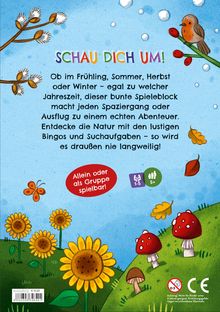 Titel: Schau dich um! Bunter Spieleblock für alle Jahreszeiten. Illustration mit Blumen, Pilzen, einem Vogel und einem Schmetterling.