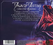 "Dawn of Destiny - Ashes Over Tomorrow." Songtitel 1-14. Rechts: rote und blaue Gewandung. Links: Barcode.