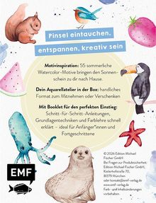 Text: "Pinsel eintauchen, entspannen, kreativ sein." Aquarellillustrationen von Tieren und Früchten auf hellem Hintergrund.