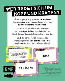 Titel: Wer redet sich um Kopf und Kragen? Karten: "VERZICKTE SITUATION" mit Zombies, "SCHRÄGE ROLLE" Oma und Rockstar. Logo: EMF.