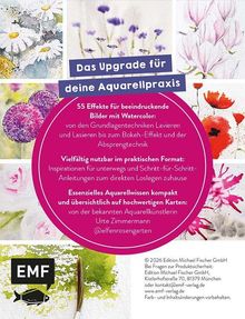 Text über Aquarelltechnik: 55 Effekte für beeindruckende Bilder und praxisorientierte Anleitungen. Bunte Blumen-Aquarelle.