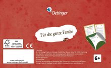 Texte: "Für die ganze Familie", "Oetinger", Links FSC- und CE-Logo. Illustration: Buchseite, rot und weiß.
