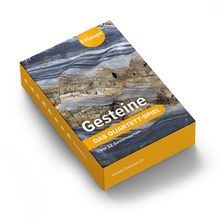 "Gesteine - DAS QUARTETT-SPIEL, Jürg Meyer, mit 32 Gesteinsarten." Verpackung mit Gesteinshintergrund und orangem Logo.