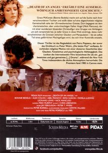 Oben ein Zitat über den Film „Death of an Angel“. Unten Credits mit Schauspielern und Crew. Bilder zeigen Filmszenen.