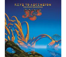 "KEYS TO ASCENSION THE STUDIO RECORDINGS Yes" in gelber und roter Schrift. Fantasievolle blaue und orange Landschaft.