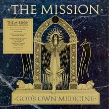 „THE MISSION“, „GOD'S OWN MEDICINE“. Illustration zeigt eine majestätische Figur vor einem dekorativen Bogen.