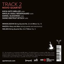 "TRACK 2 NOVO QUARTET" in Rot, Musiker und Stücke in Weiß. Logos: Geige, BBC Radio 3, New Generation Artists.
