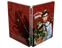 Auf rotem Backstein "LITTLE SHOP OF HORRORS". Ein Mann hält eine große, gefräßig aussehende Pflanze in einem Topf.
