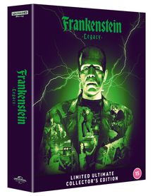 "Frankenstein Legacy", "LIMITED ULTIMATE COLLECTOR'S EDITION", grün beleuchtetes Gesicht, Gewitterhintergrund.