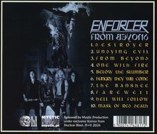 Texte: "ENFORCER FROM BEYOND" und Titel 1 bis 10. Vier Personen vor einer brennenden Engelsstatue.