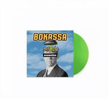 Text: "BOKASSA" oben, "anomalies" in der Mitte. Vintage-Foto eines Mannes im Anzug, grünes Vinyl rechts.