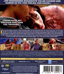 «Ein spannendes Roadmovie voller Charme und Humor im Stil von Thelma und Louise.» Bild zeigt eine Nahaufnahme zweier junger Frauen in einer emotionalen Szene. Unten sind weitere Filmszenen zu sehen mit verschiedenen Charakteren in dramatischen Momenten. Oben dominieren warme Farben und unterhalb die Beschreibung der Filmhandlung.