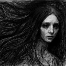 Eine melancholische, schwarz-weiß Illustration einer Frau mit langem, welligem Haar und ausdrucksstarkem, ernstem Gesicht.