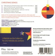 CHRISTMAS SONGS, Titelliste mit sechs Liedern. Künstler und Instrumente angegeben. Kreisförmiges abstraktes Design.