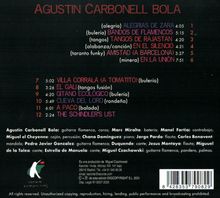 Albumrückseite mit Titel: Agustin Carbonell Bola. Trackliste mit Genres und Zeiten. Namen der Musiker, Produktionsdetails und Barcode.