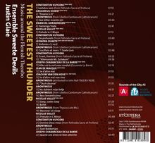 Texte: "THE SWEETEST THUNDER," "Ensemble Sweete Devils," "Justin Glaie," "1] Laetatus sum," "2] Pavana G H." 24 Titel aufgelistet.