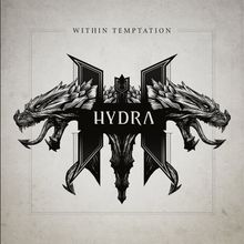 Text: "Within Temptation", "Hydra". Illustration: Zwei Drachenköpfe, die sich gegenüberstehen, vereint in einem stilisierten Logo.